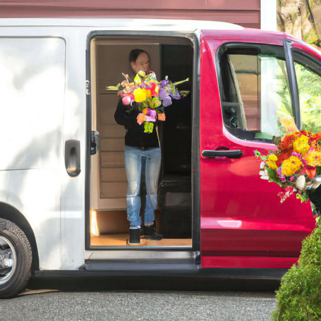 Ery person holding a bouquet of varied colorful flowers, stepping out of a van marked with a floral logo, outside a suburban home with an open front door