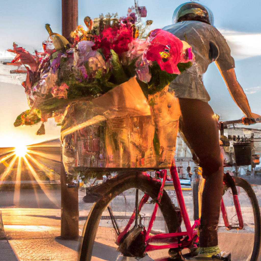 E of a bicycle courier pedaling swiftly through an urban street, the bike's basket overflowing with a colorful assortment of fresh flowers, against a backdrop of a setting sun
