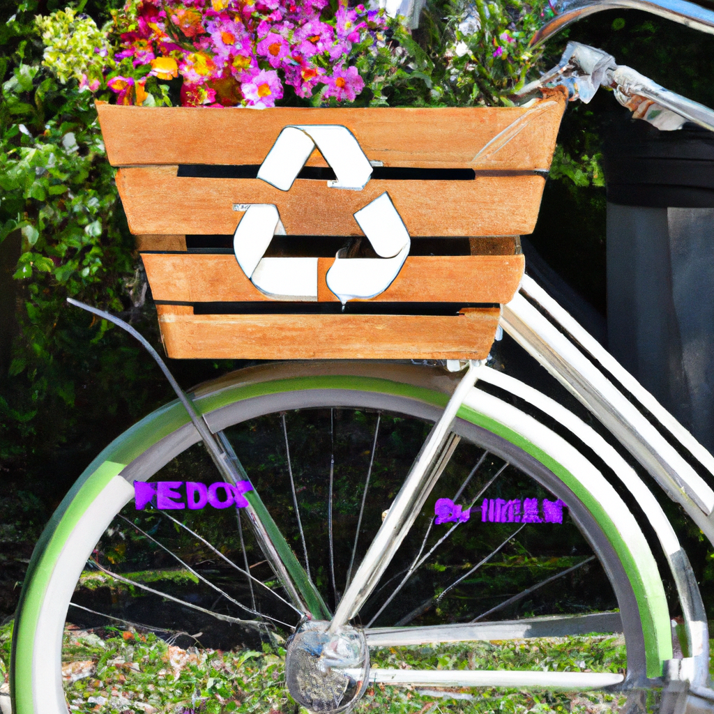 Ge featuring a bicycle with a wooden basket overflowing with colorful, fresh flowers, parked next to a recycling symbol made of green leaves, all on a sunny, nature-filled background