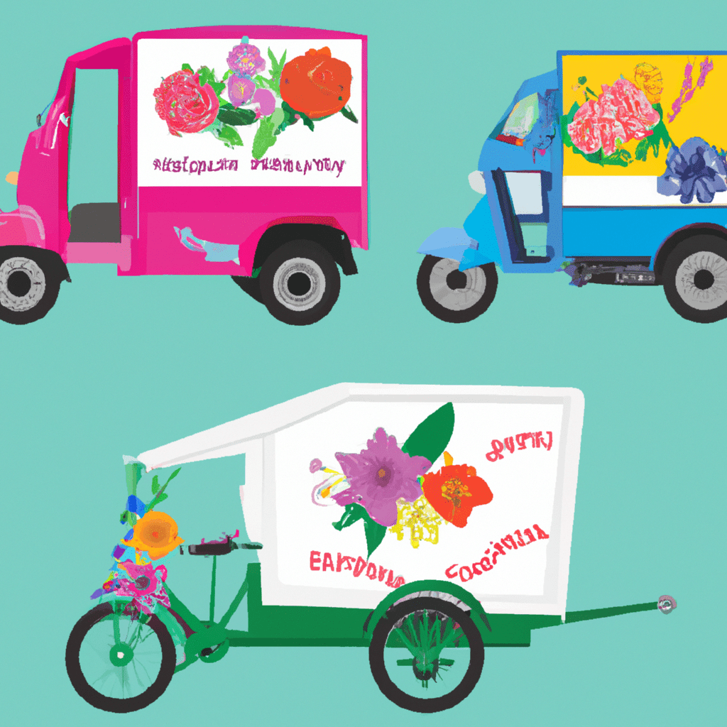 Ate a diverse array of delivery vehicles like vans, drones, bikes, each with vibrant, assorted flowers blooming out of them, representing different types of flower delivery services