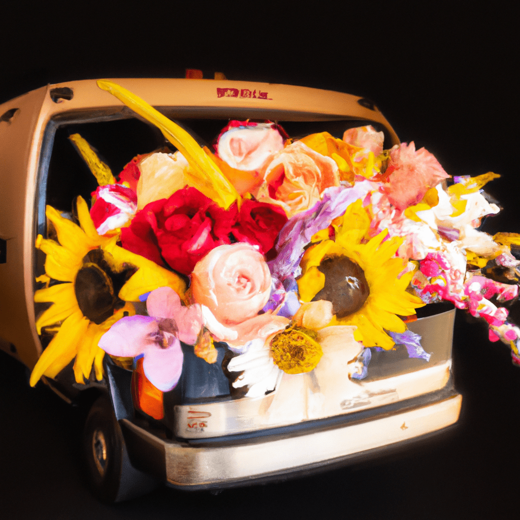  an image featuring a diverse mix of seasonal flowers in a delivery van, each flower subtly symbolizing different meanings, like roses for love, daisies for innocence, and sunflowers for adoration