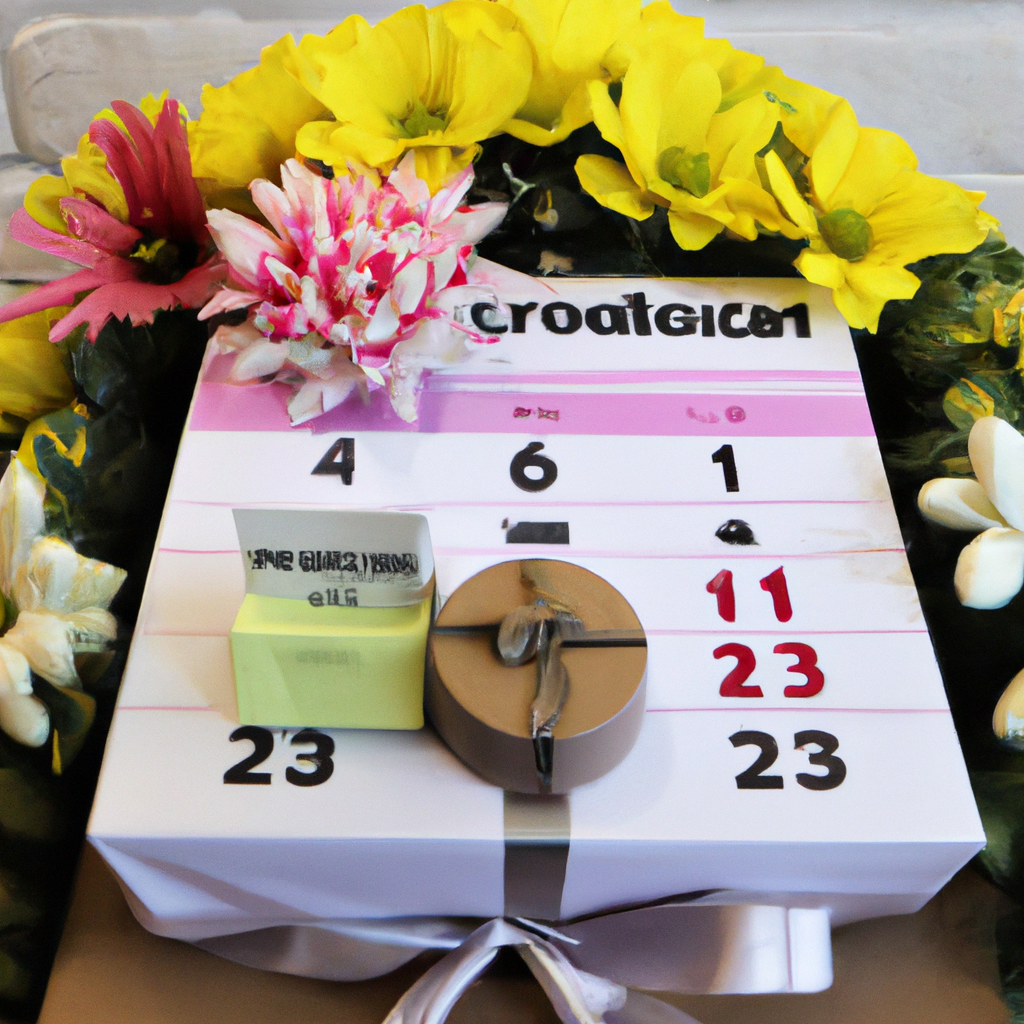 Ge of a calendar with a special date circled, a bouquet of vibrant flowers, and a mysterious gift box, implying a surprise flower delivery service