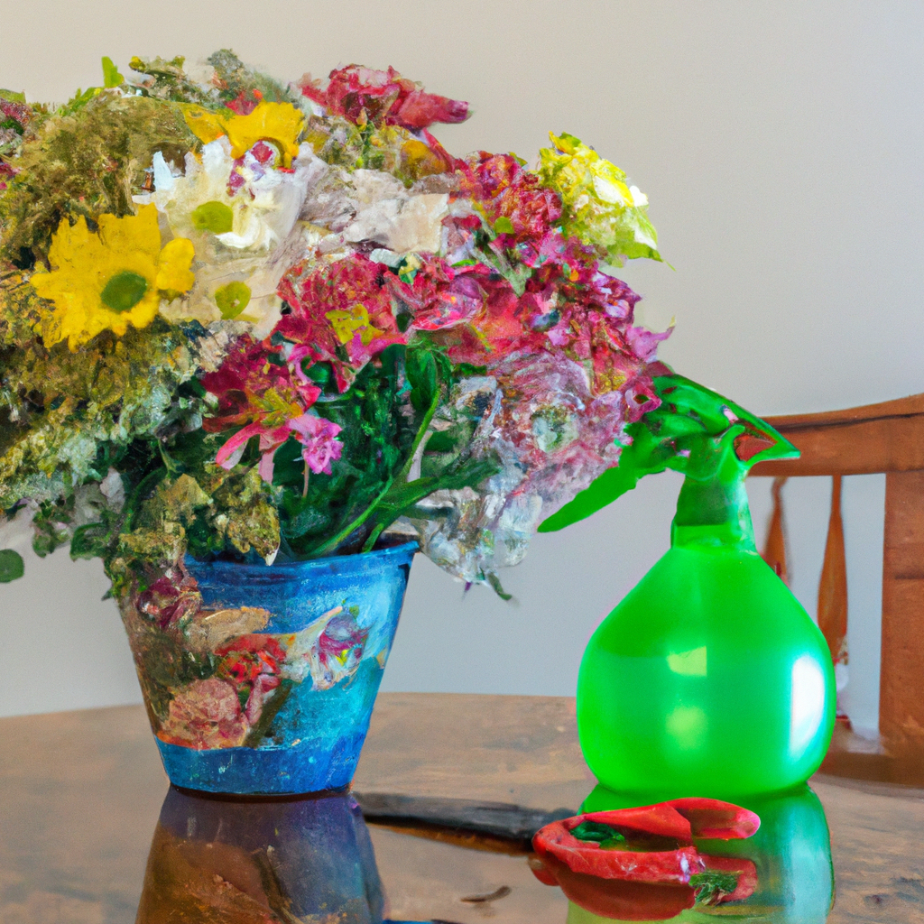 Of freshly delivered flowers in a vase, with a watering can, pruning shears, and a spray bottle on a table, symbolizing post-delivery care