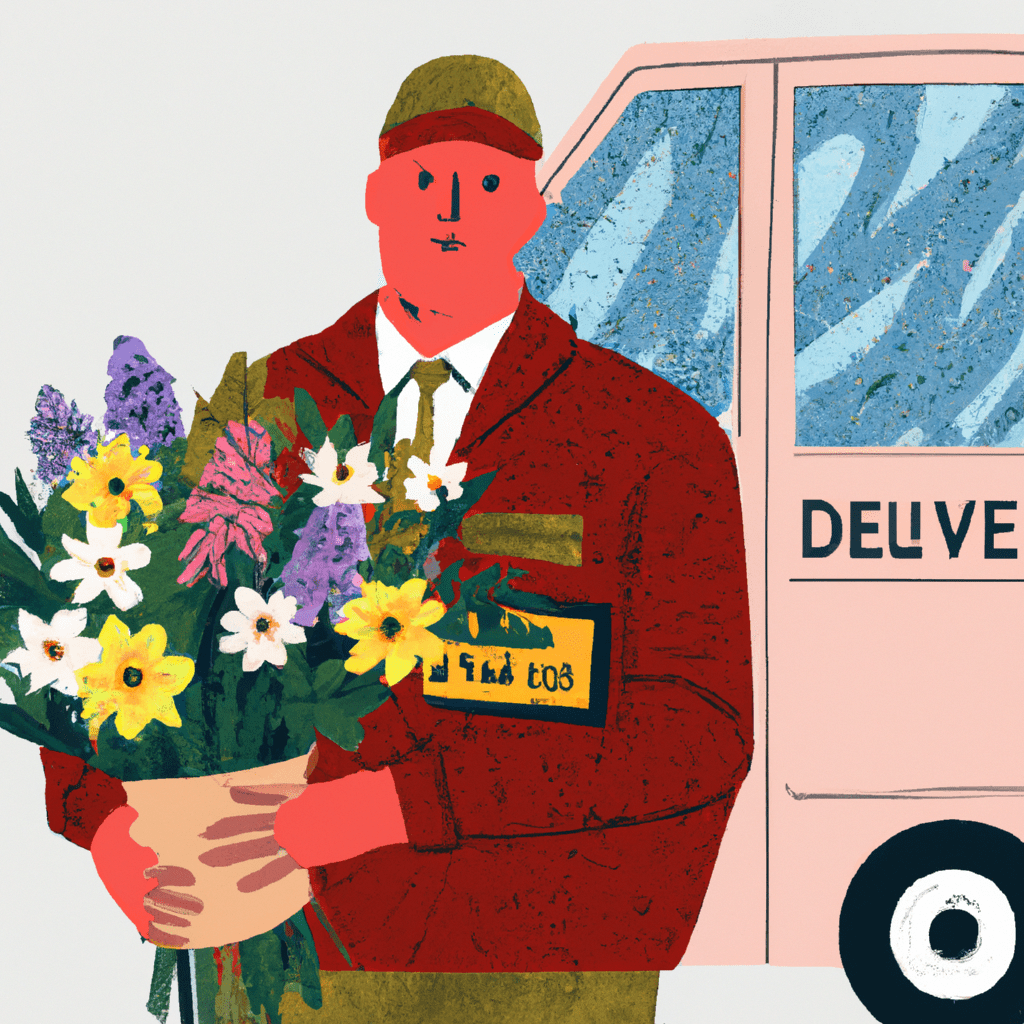 courier in a uniform, delivering a bouquet of vibrant flowers to a doorstep, with a visible van marked with floral designs in the background, denoting delivery policies