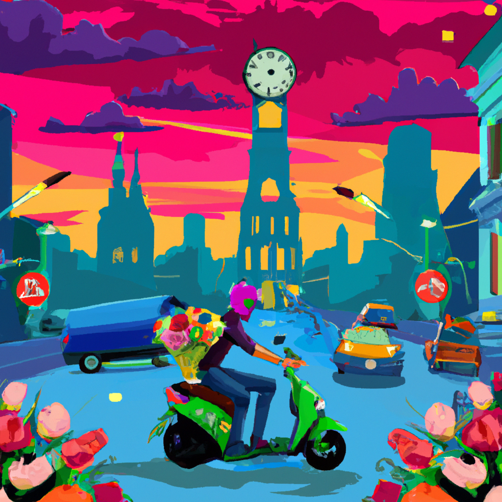 Ic city scene with a delivery person on a scooter, dodging traffic, holding a bouquet of vibrant flowers tightly, with a clock tower striking midnight in the background