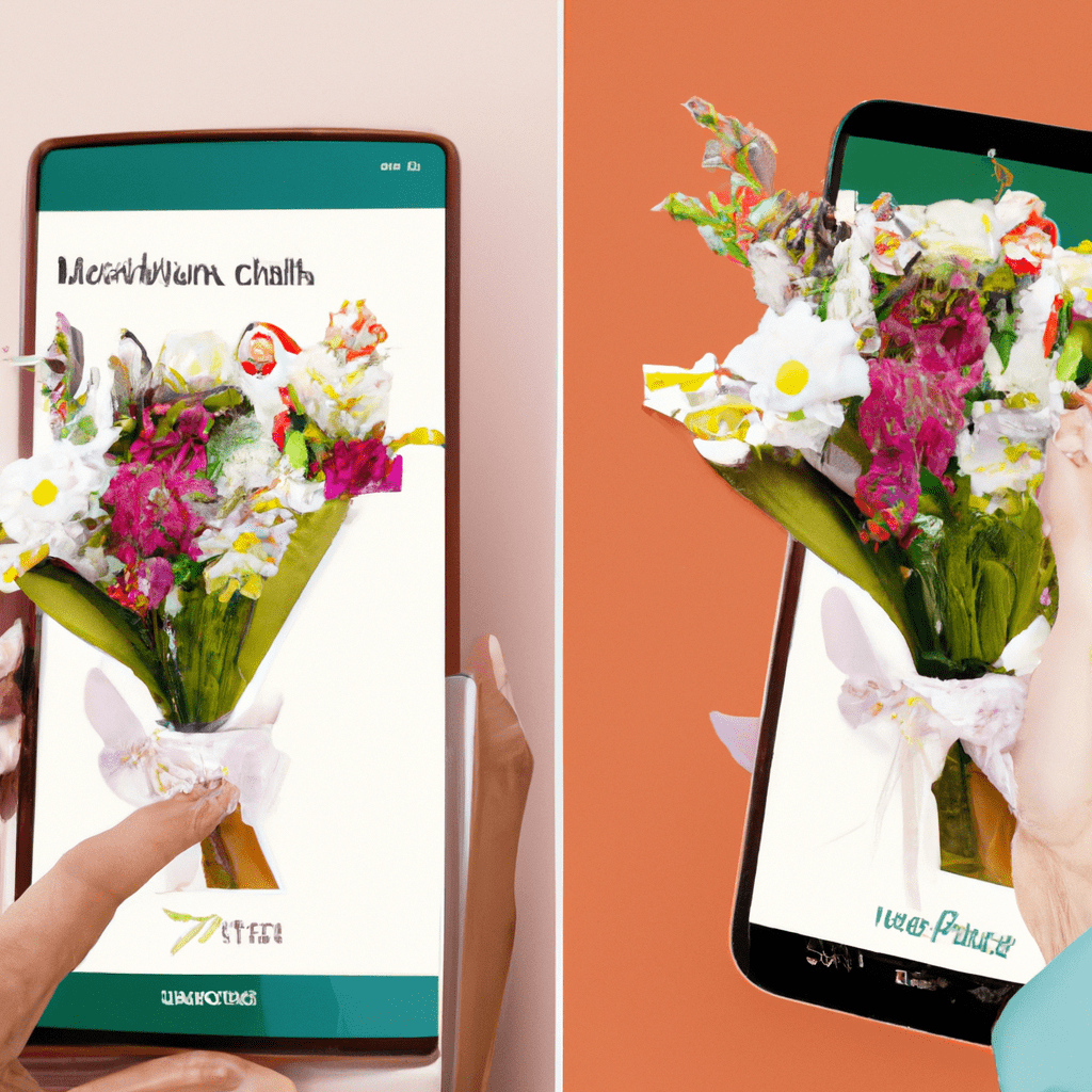 Screen image: Left side displaying a traditional florist arranging a vibrant bouquet, right side illustrating a hand holding a smartphone with an online flower delivery app open