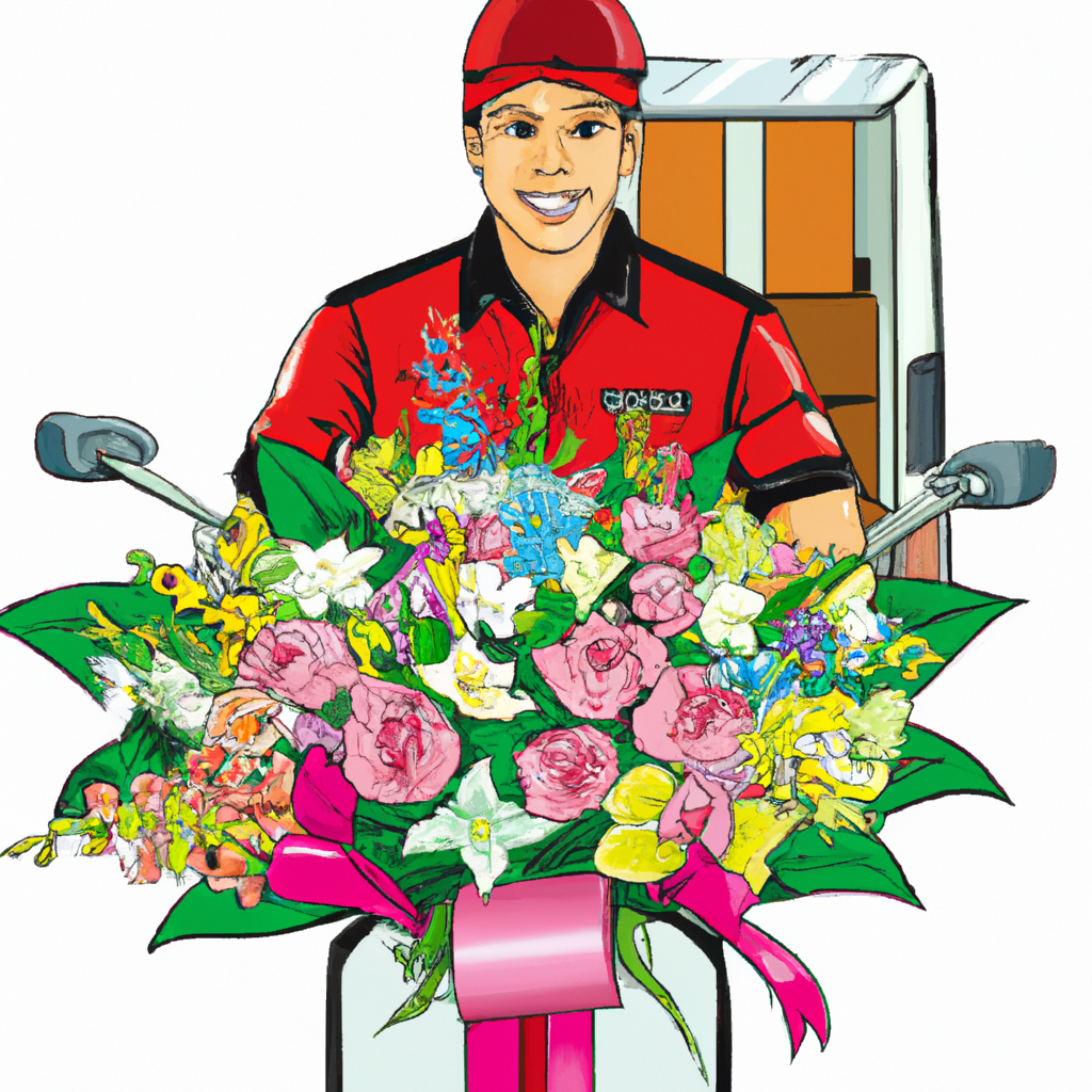 A vibrant image featuring a courier, in uniform, hand-delivering a luxurious bouquet of assorted flowers to a beautifully decorated party venue, reflecting the joy of special occasions