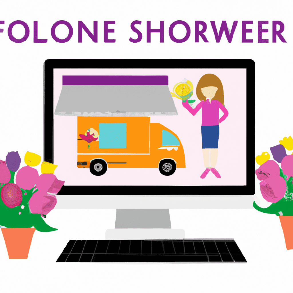  busy online flower shop with a computer, various floral bouquets ready for delivery, a delivery van, and a happy customer receiving flowers, all in a vibrant, lively color palette